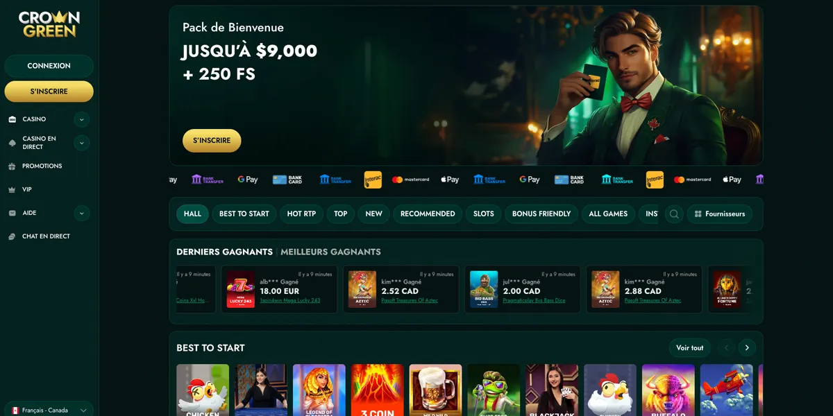 Bannière promotionnelle de Crowngreen Casino, offrant un bonus de bienvenue