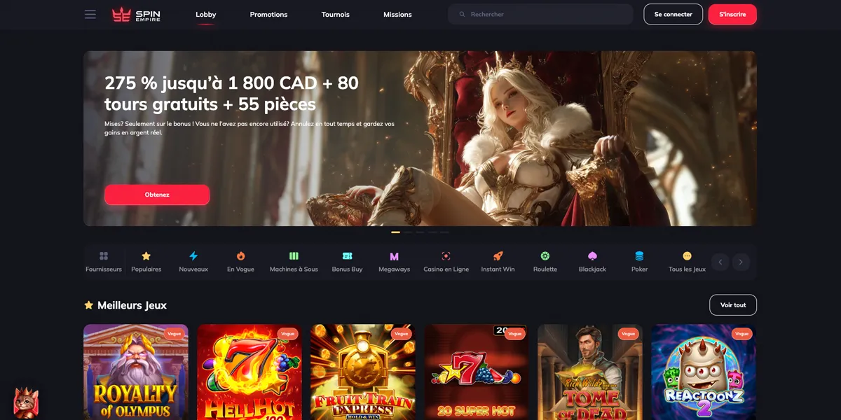Bannière promotionnelle de SpinEmpire Casino, bonus de bienvenue