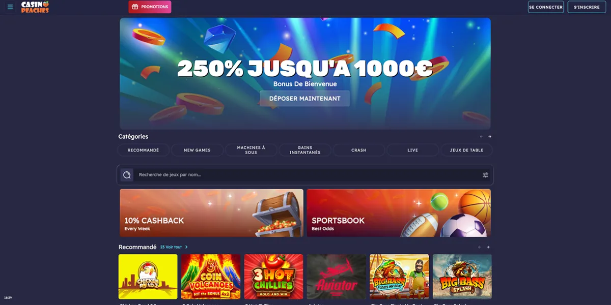 Bannière promotionnelle de Peaches Casino, univers fruité