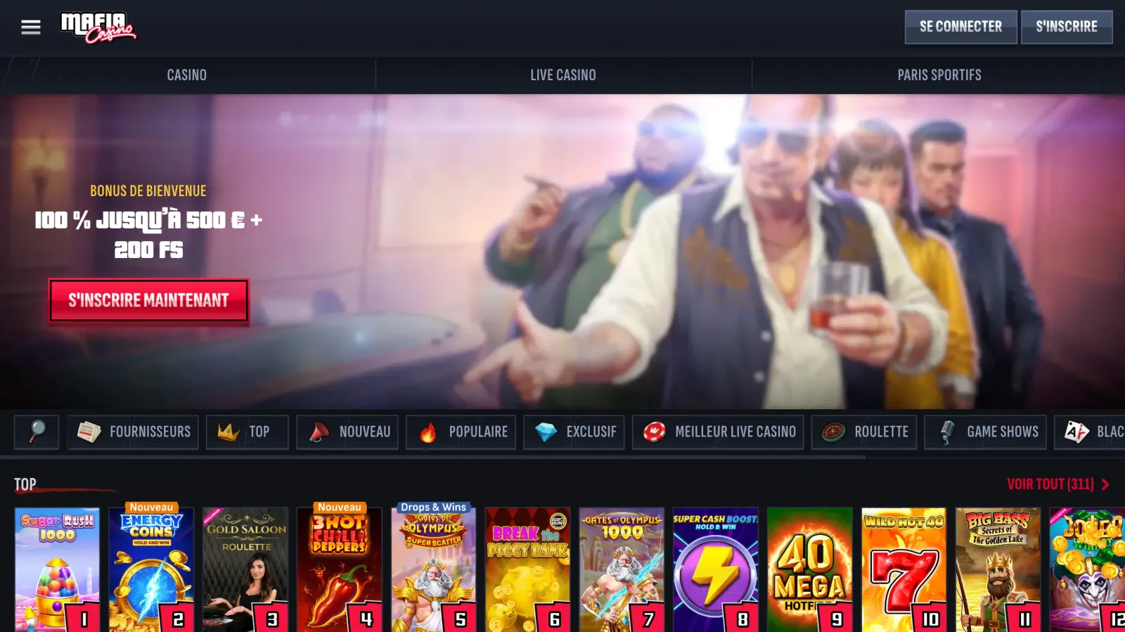 Bannière promotionnelle de Mafia Casino, offrant un bonus de bienvenue