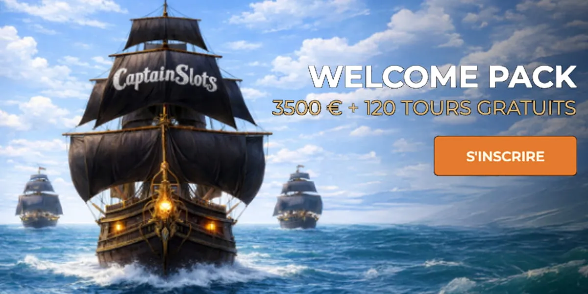 Bannière promotionnelle Captain Slots Casino – Pack de bienvenue jusqu'à 3 500 € + 120 Free Spins
