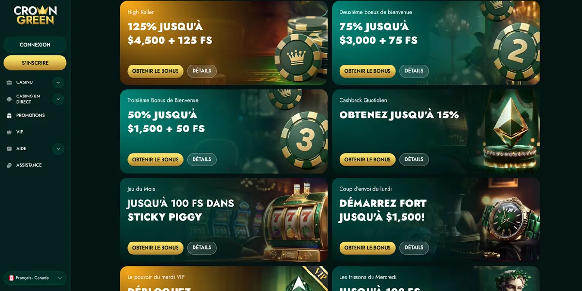 Crowngreen Casino - Bonus de bienvenue jusqu'à 9 000 $ + 250 tours gratuits