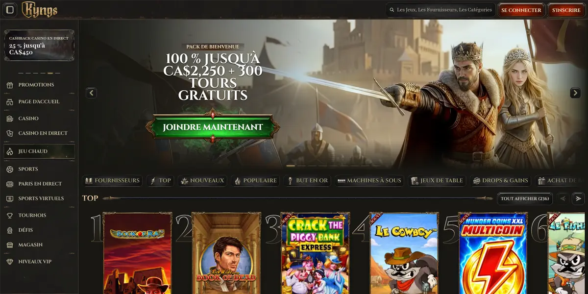 Interface et offre de bienvenue Kyngs Casino
